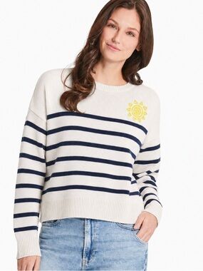 Life is Good Embroidered Sun Striped Crew Sweater